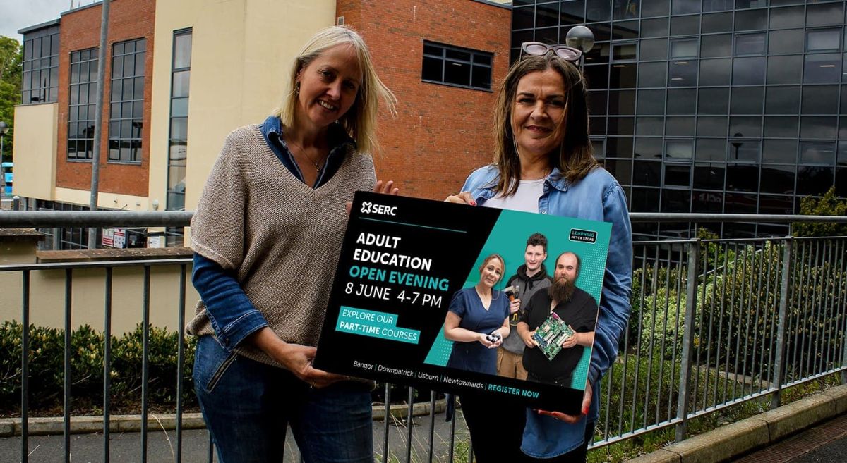 Promoting adult education are Interior Design students Lynne McCabe and Noreen Kelly  